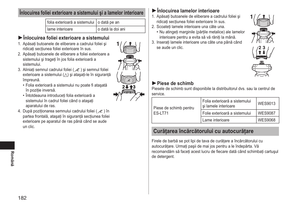 Curăţarea încărcătorului cu autocurăţare | Panasonic ESLT71 User Manual | Page 182 / 196