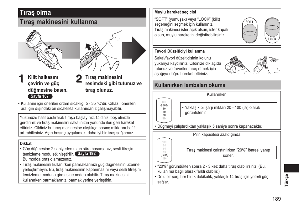 Tıraş olma tıraş makinesini kullanma | Panasonic ESLT71 User Manual | Page 189 / 196