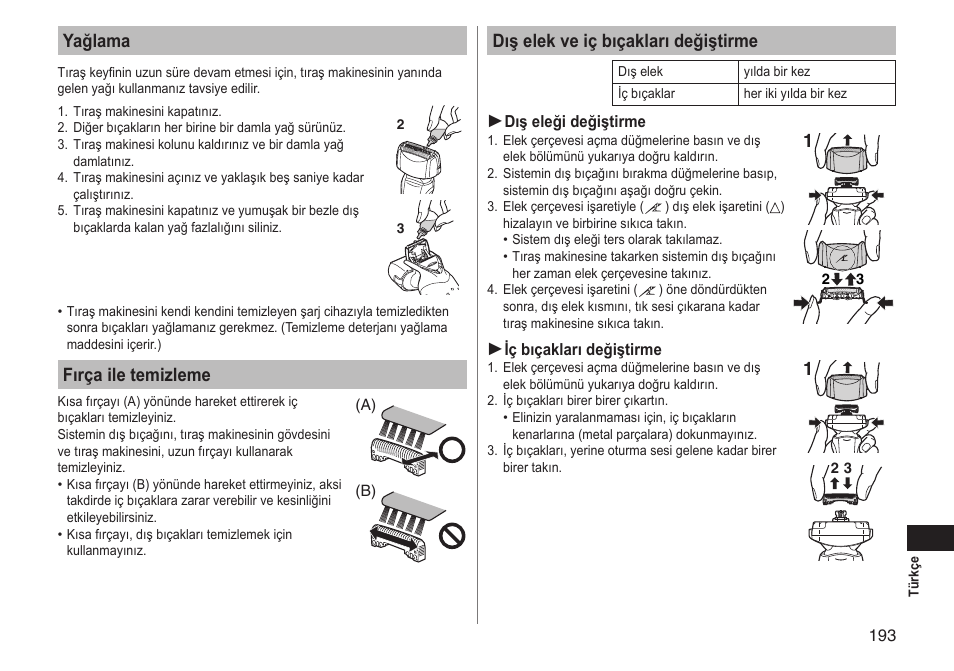 Yağlama, Fırça ile temizleme, Dış elek ve iç bıçakları değiştirme | Panasonic ESLT71 User Manual | Page 193 / 196