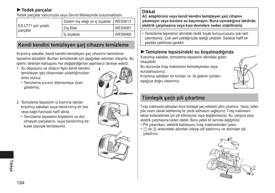 Kendi kendini temizleyen şarj cihazını temizleme, Tümleşik şarjlı pili çıkartma | Panasonic ESLT71 User Manual | Page 194 / 196