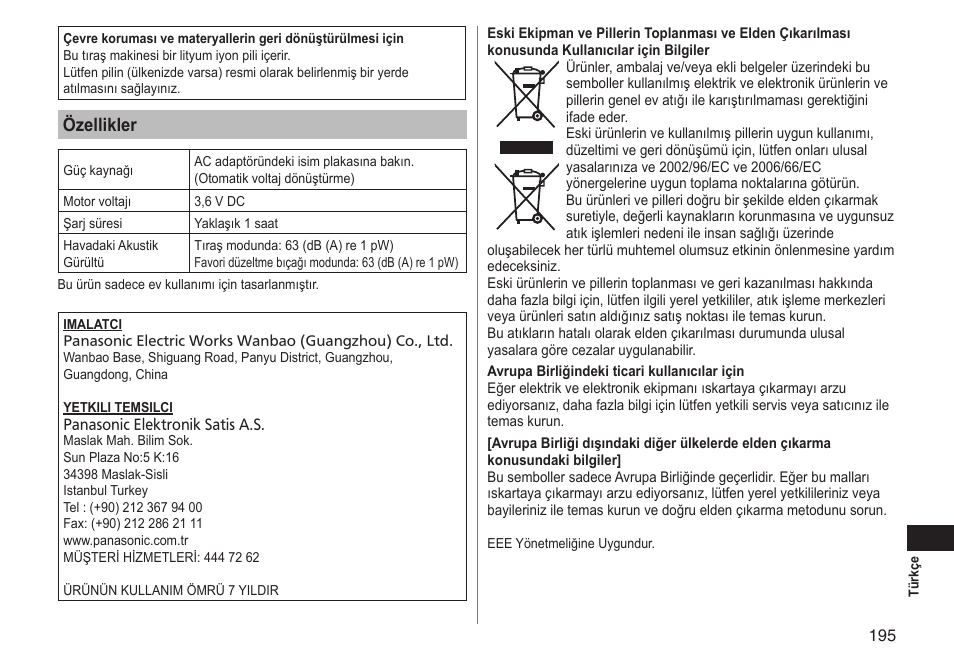 Özellikler | Panasonic ESLT71 User Manual | Page 195 / 196