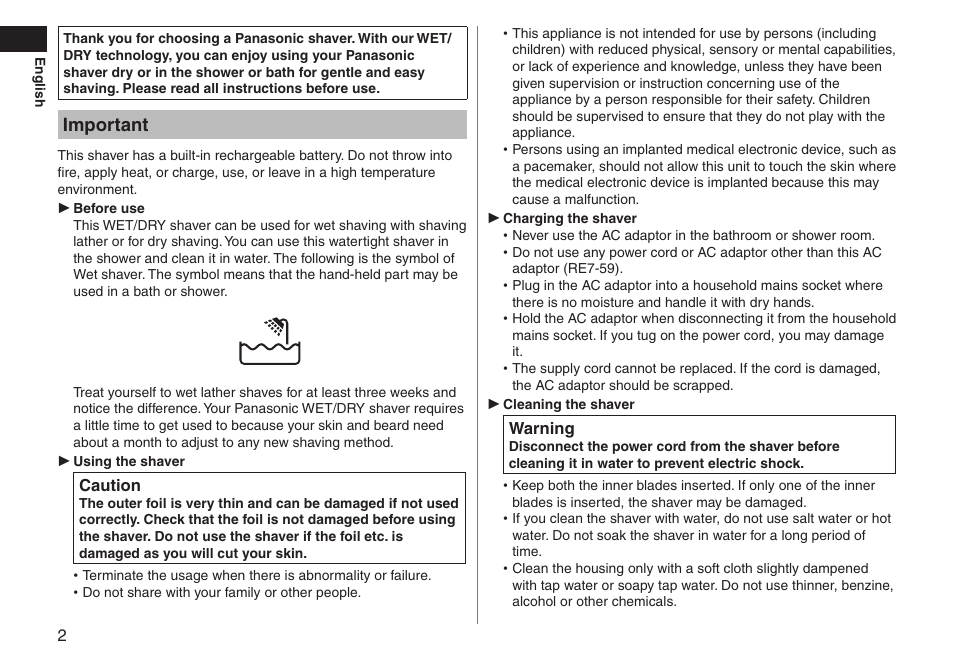 Important | Panasonic ESLT71 User Manual | Page 2 / 196