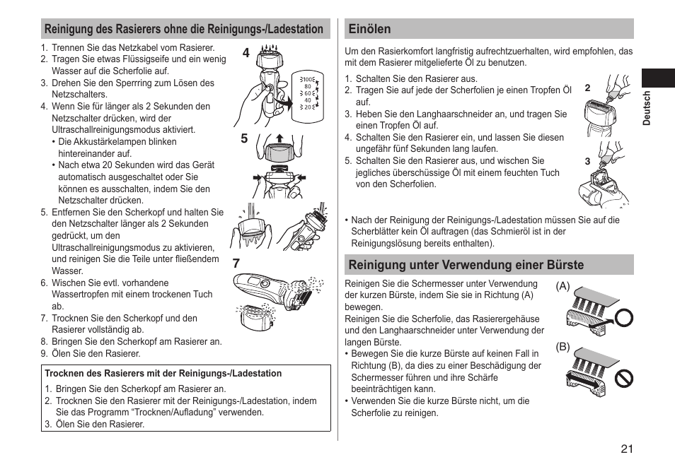 Einölen, Reinigung unter verwendung einer bürste | Panasonic ESLT71 User Manual | Page 21 / 196