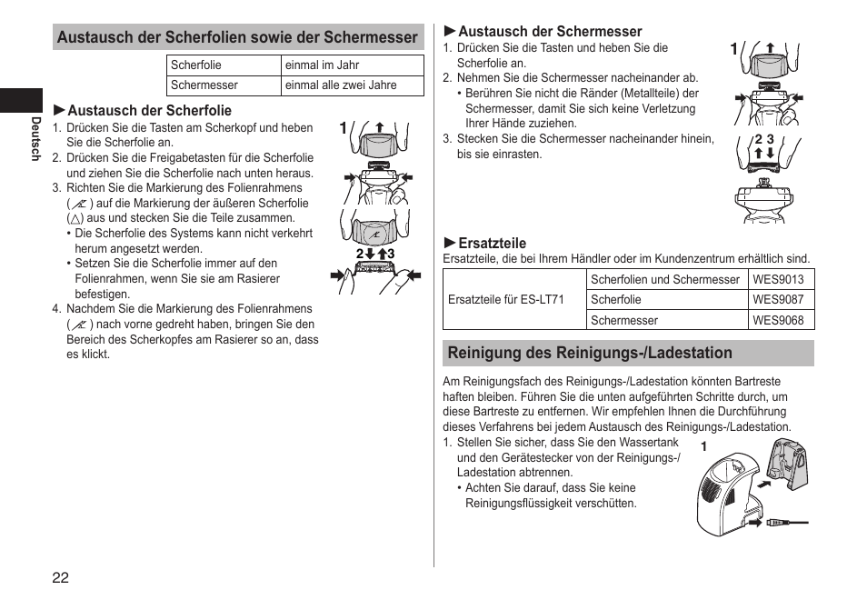 Austausch der scherfolien sowie der schermesser, Reinigung des reinigungs-/ladestation | Panasonic ESLT71 User Manual | Page 22 / 196
