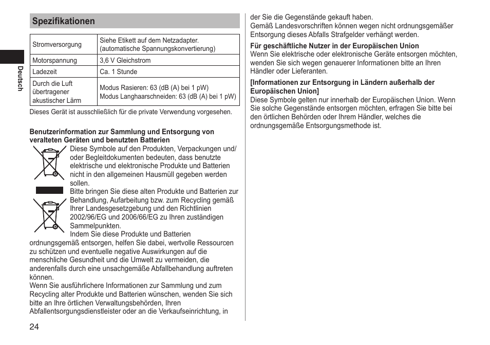 Spezifikationen | Panasonic ESLT71 User Manual | Page 24 / 196