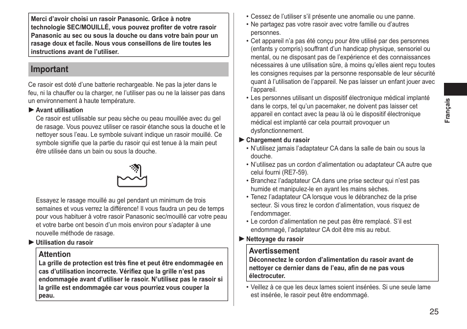 Important | Panasonic ESLT71 User Manual | Page 25 / 196