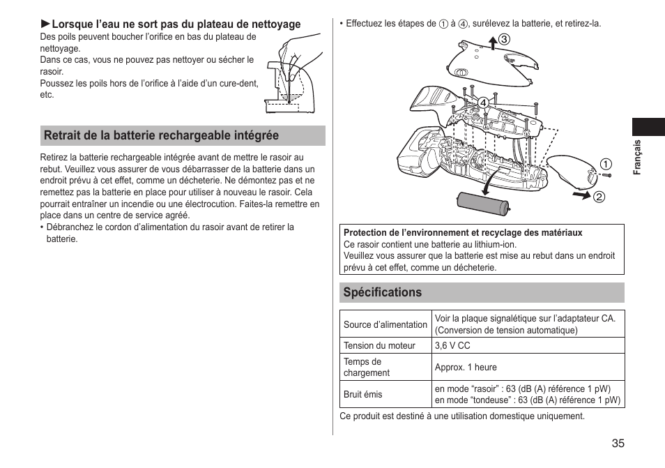 Retrait de la batterie rechargeable intégrée, Spécifications | Panasonic ESLT71 User Manual | Page 35 / 196