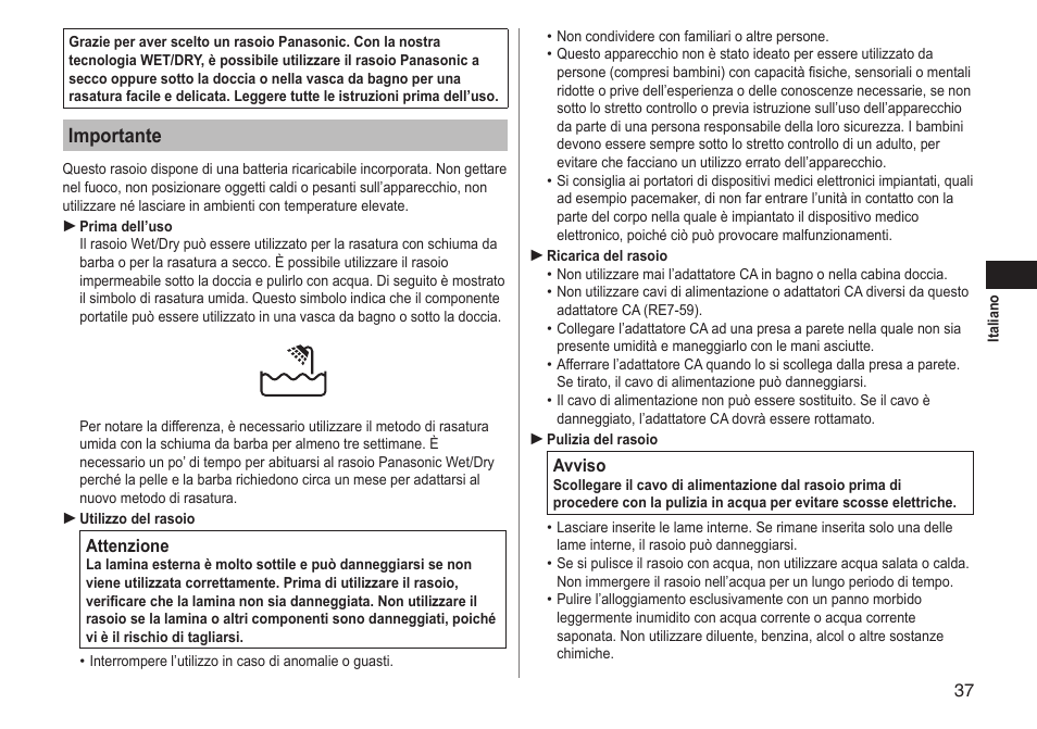 Importante | Panasonic ESLT71 User Manual | Page 37 / 196