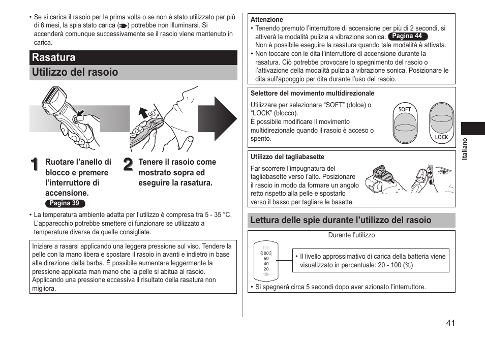 Rasatura utilizzo del rasoio | Panasonic ESLT71 User Manual | Page 41 / 196