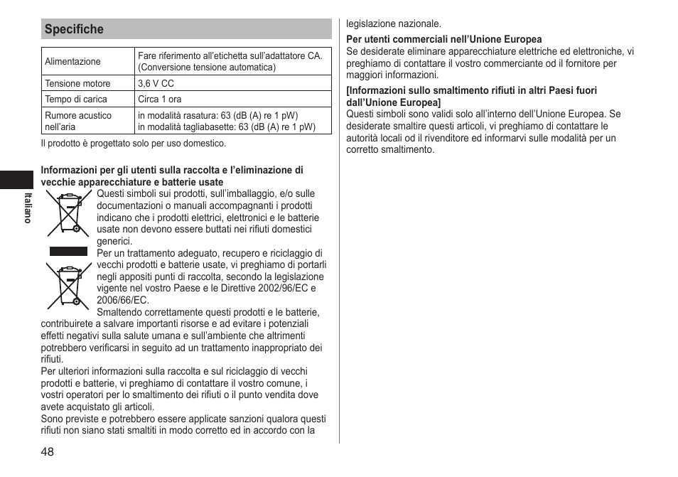 Specifiche | Panasonic ESLT71 User Manual | Page 48 / 196