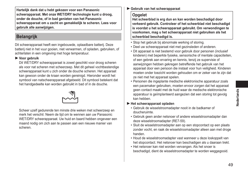 Belangrijk | Panasonic ESLT71 User Manual | Page 49 / 196