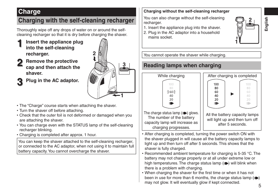 Charge charging with the self-cleaning recharger | Panasonic ESLT71 User Manual | Page 5 / 196