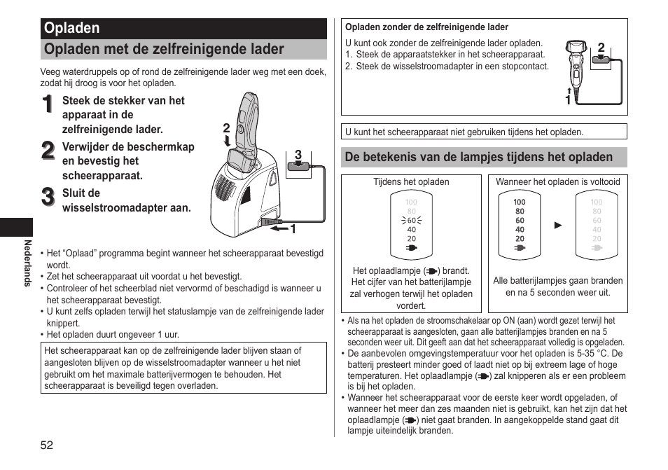 Opladen opladen met de zelfreinigende lader | Panasonic ESLT71 User Manual | Page 52 / 196