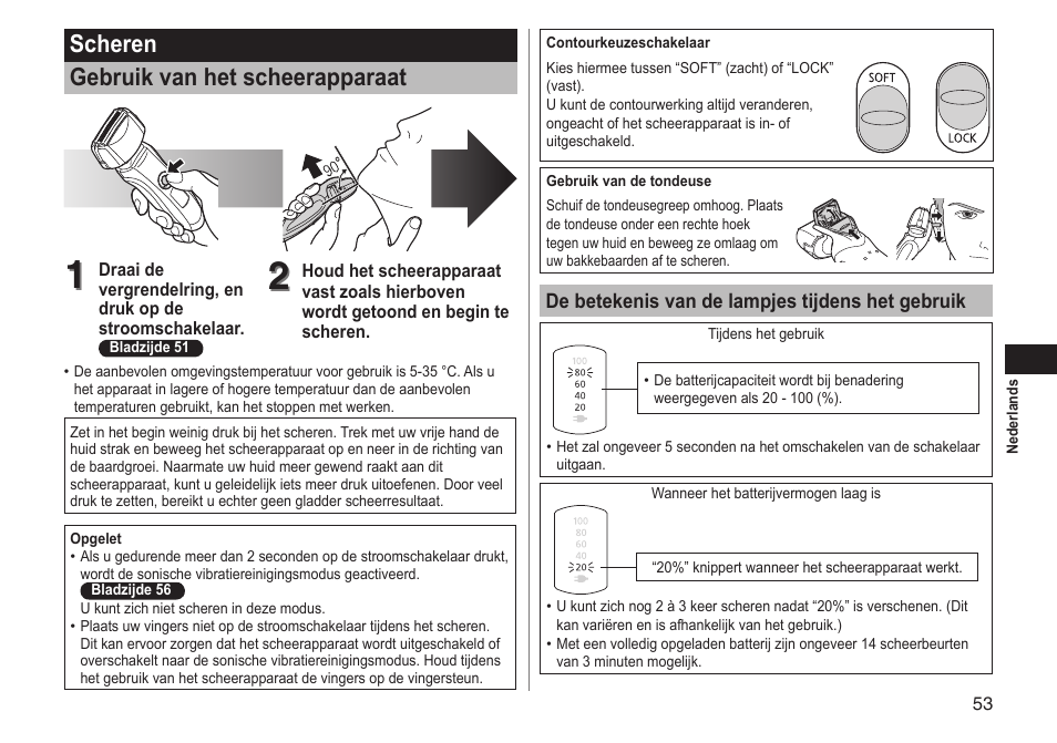 Scheren gebruik van het scheerapparaat | Panasonic ESLT71 User Manual | Page 53 / 196