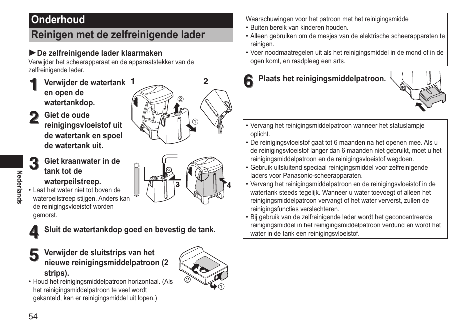 Onderhoud reinigen met de zelfreinigende lader | Panasonic ESLT71 User Manual | Page 54 / 196