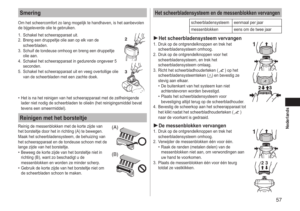 Smering, Reinigen met het borsteltje | Panasonic ESLT71 User Manual | Page 57 / 196