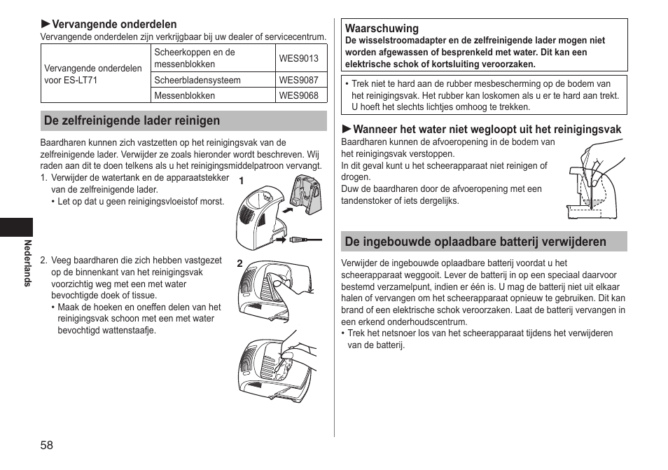 De zelfreinigende lader reinigen, De ingebouwde oplaadbare batterij verwijderen | Panasonic ESLT71 User Manual | Page 58 / 196