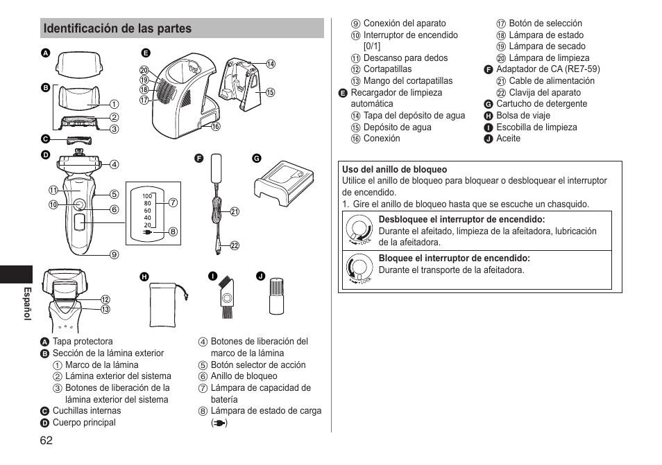 Identificación de las partes | Panasonic ESLT71 User Manual | Page 62 / 196