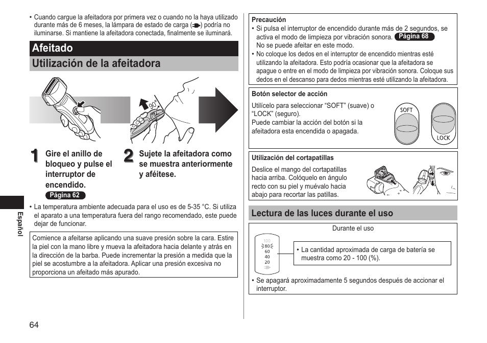 Afeitado utilización de la afeitadora | Panasonic ESLT71 User Manual | Page 64 / 196