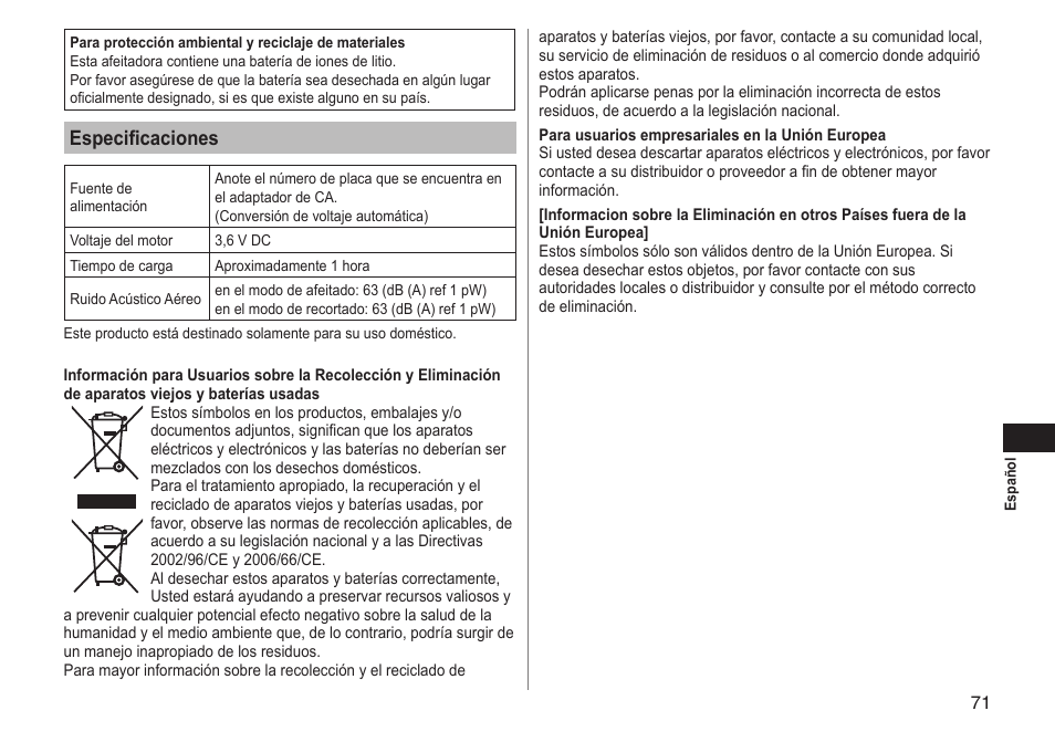 Especificaciones | Panasonic ESLT71 User Manual | Page 71 / 196