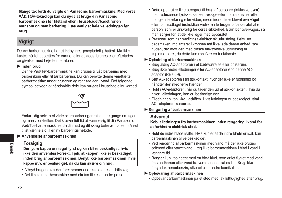 Vigtigt | Panasonic ESLT71 User Manual | Page 72 / 196