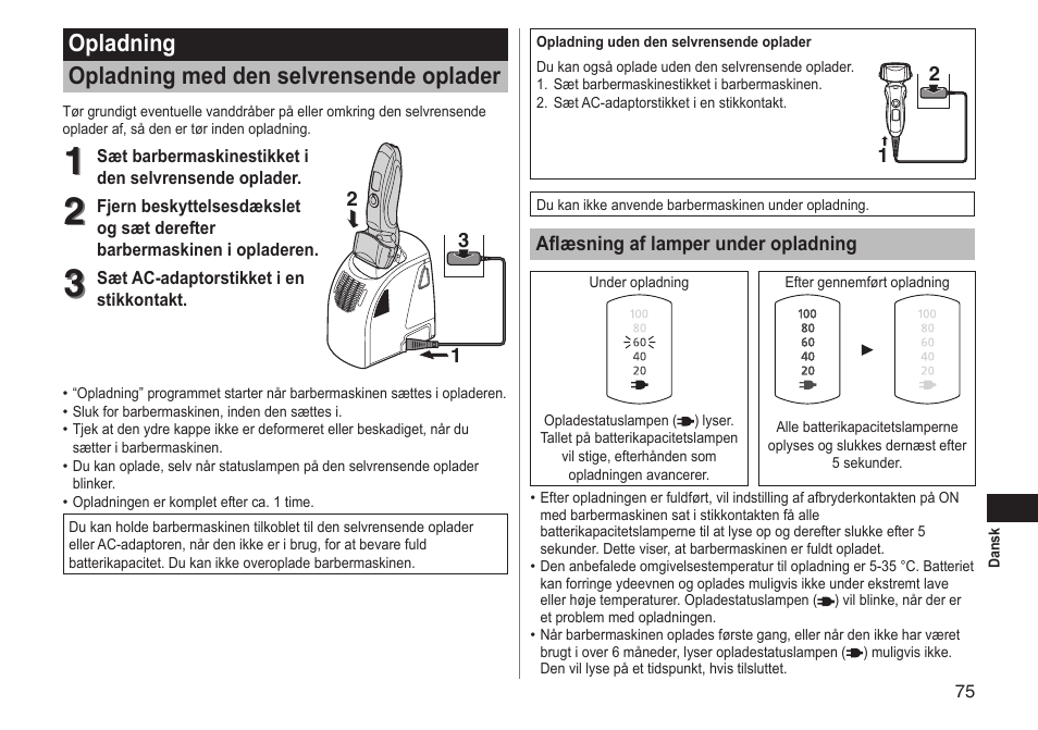 Opladning opladning med den selvrensende oplader | Panasonic ESLT71 User Manual | Page 75 / 196