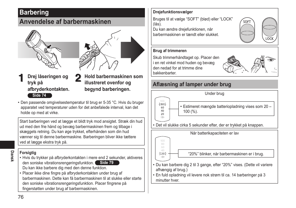 Barbering anvendelse af barbermaskinen | Panasonic ESLT71 User Manual | Page 76 / 196