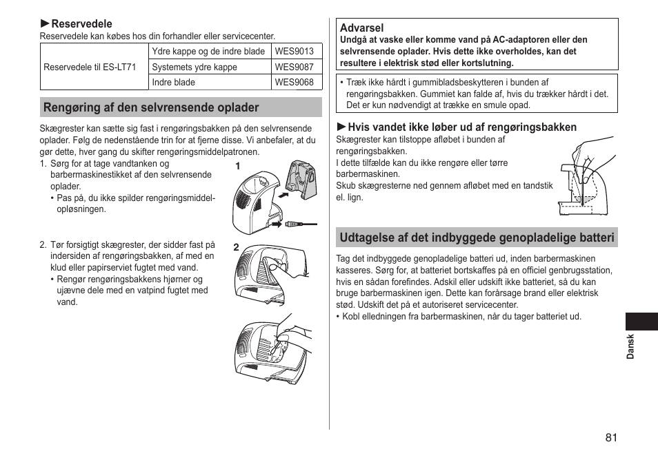 Rengøring af den selvrensende oplader, Udtagelse af det indbyggede genopladelige batteri | Panasonic ESLT71 User Manual | Page 81 / 196