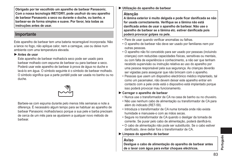 Importante | Panasonic ESLT71 User Manual | Page 83 / 196
