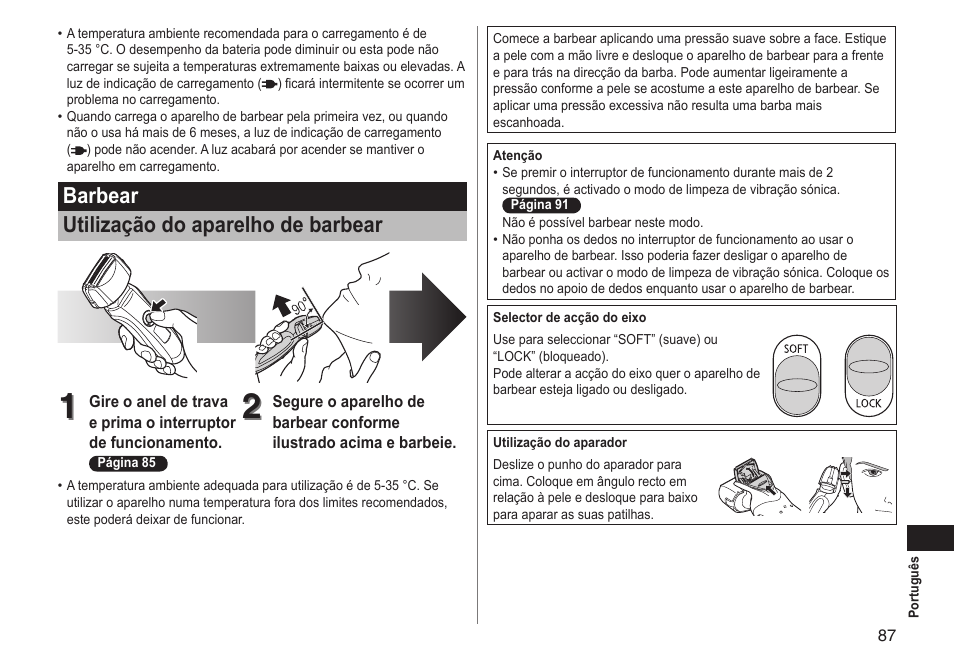Barbear utilização do aparelho de barbear | Panasonic ESLT71 User Manual | Page 87 / 196