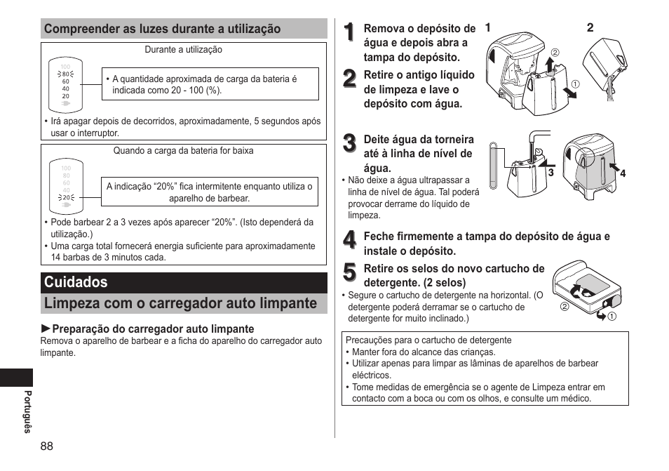 Cuidados limpeza com o carregador auto limpante | Panasonic ESLT71 User Manual | Page 88 / 196