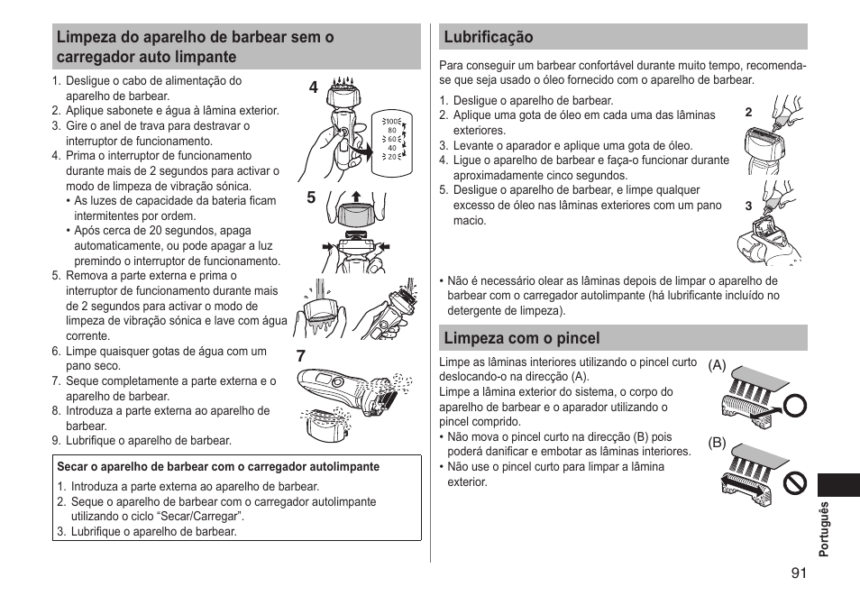 Lubrificação, Limpeza com o pincel | Panasonic ESLT71 User Manual | Page 91 / 196