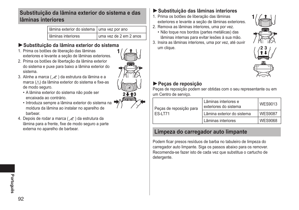 Limpeza do carregador auto limpante | Panasonic ESLT71 User Manual | Page 92 / 196