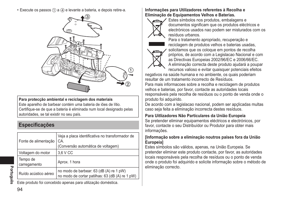 Especificações | Panasonic ESLT71 User Manual | Page 94 / 196