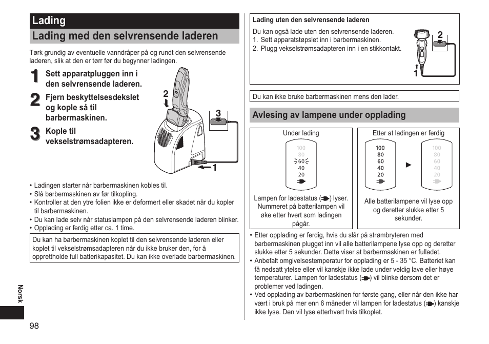 Lading lading med den selvrensende laderen | Panasonic ESLT71 User Manual | Page 98 / 196