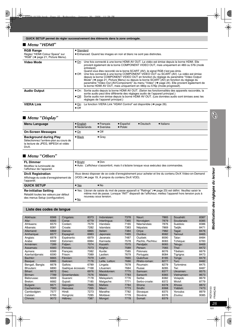 Hdmi”), Menu “ hdmi ” ∫ menu “ display ” ∫ menu “ others | Panasonic SCPTX50 User Manual | Page 101 / 116