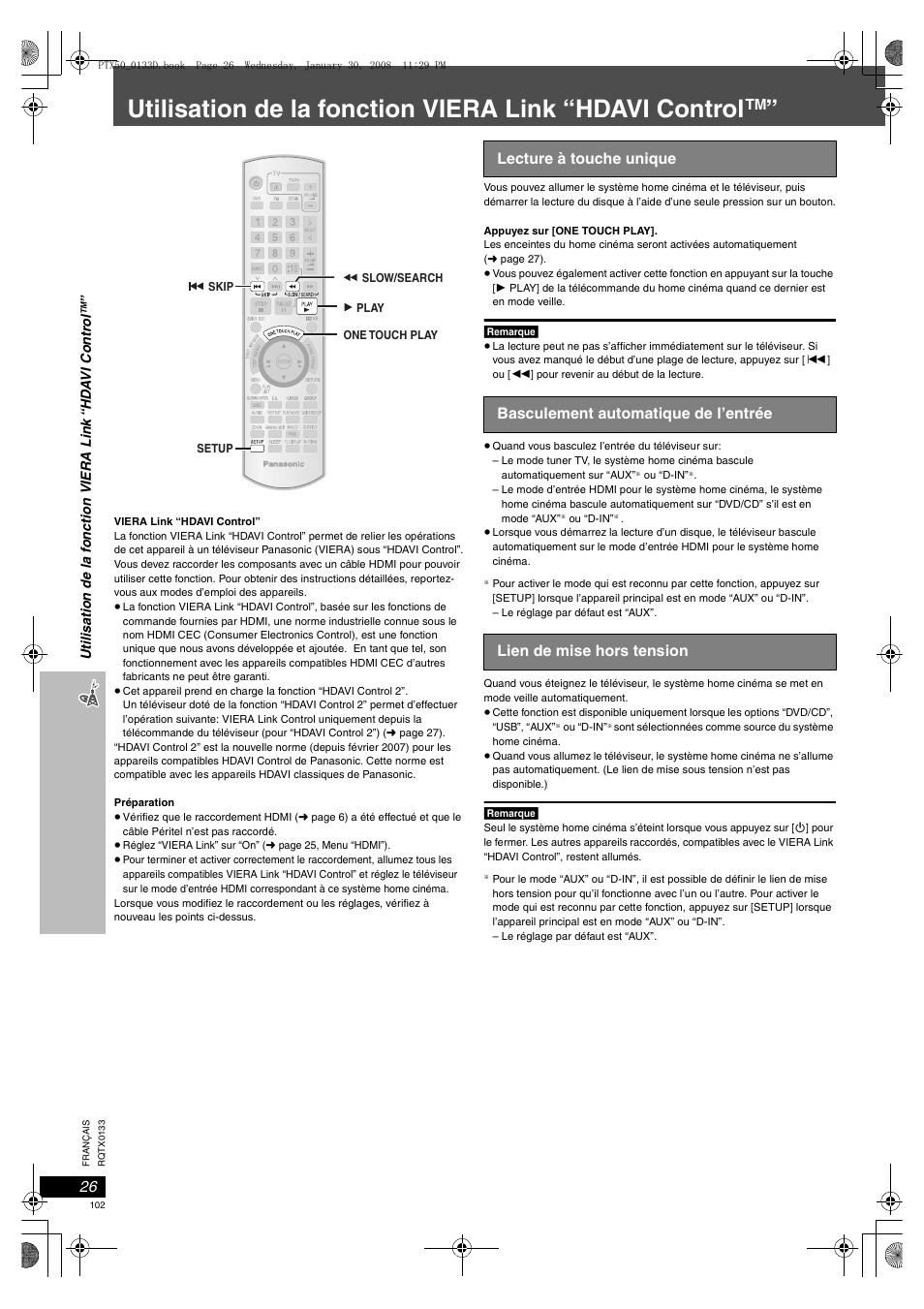Lecture à touche unique, 26 basculement automatique de l’entrée, 26 lien de mise hors tension | Panasonic SCPTX50 User Manual | Page 102 / 116
