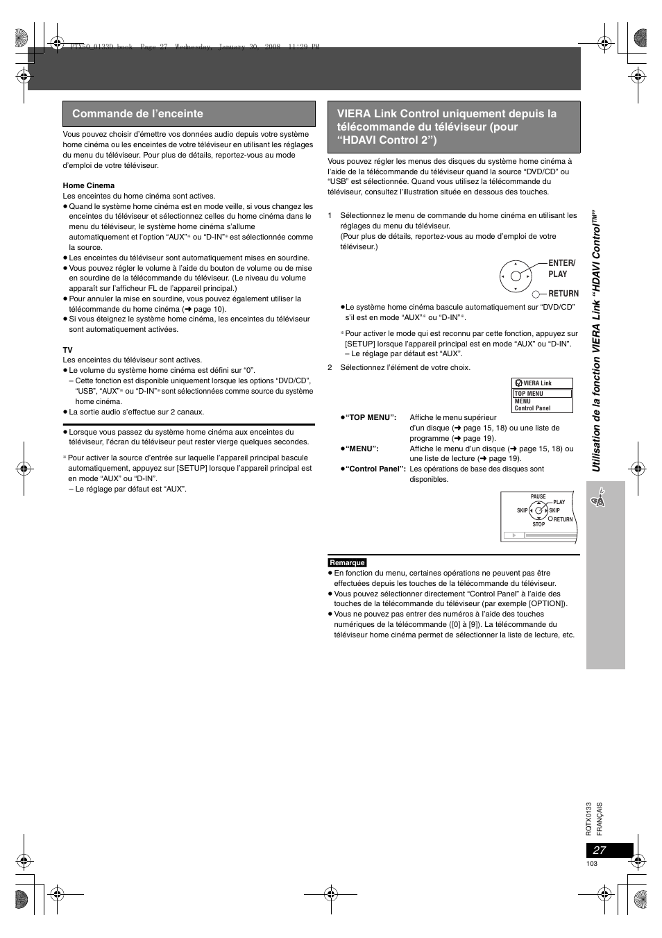 Commande de l’enceinte | Panasonic SCPTX50 User Manual | Page 103 / 116