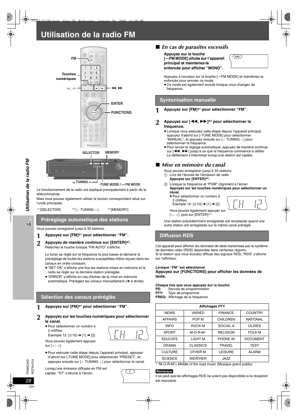 Utilisation de la radio fm, Préréglage automatique des stations, 28 sélection des canaux préréglés | 28 syntonisation manuelle, 28 diffusion rds, En cas de parasites excessifs, Mise en mémoire du canal, Sélection des canaux préréglés, Syntonisation manuelle, Diffusion rds | Panasonic SCPTX50 User Manual | Page 104 / 116