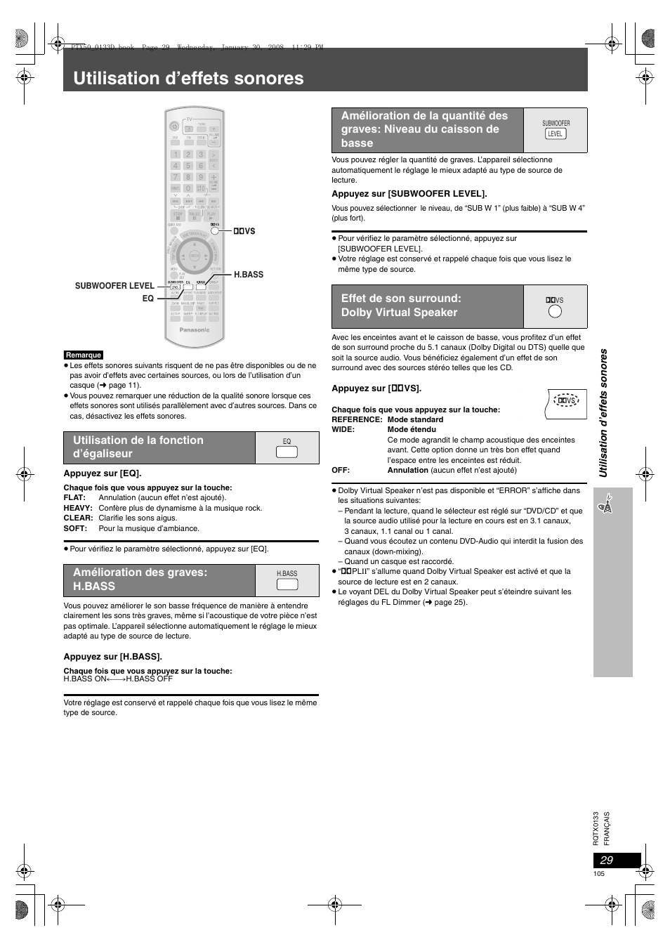 Utilisation d’effets sonores, Utilisation de la fonction d’égaliseur, 29 amélioration des graves: h.bass | Panasonic SCPTX50 User Manual | Page 105 / 116