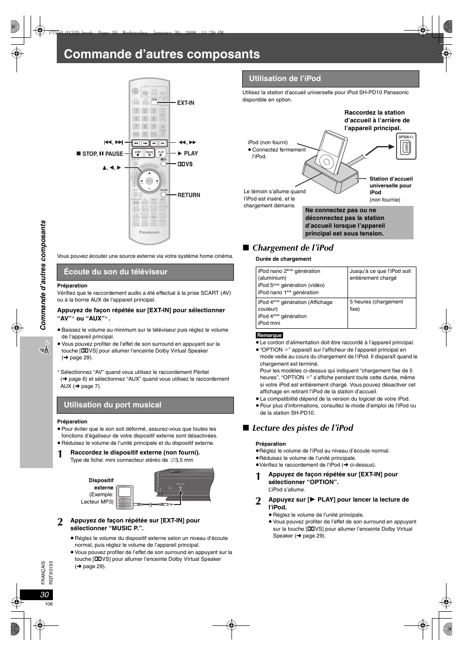 Commande d’autres composants, Écoute du son du téléviseur, 30 utilisation du port musical | 30 utilisation de l’ipod, Chargement de l’ipod, Lecture des pistes de l’ipod, Utilisation de l’ipod | Panasonic SCPTX50 User Manual | Page 106 / 116