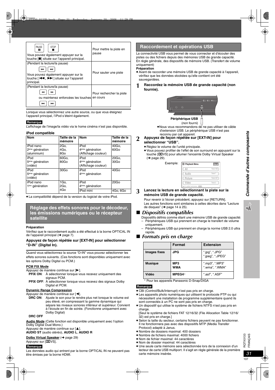 Raccordement et opérations usb, Dispositifs compatibles, Formats pris en charge | Panasonic SCPTX50 User Manual | Page 107 / 116
