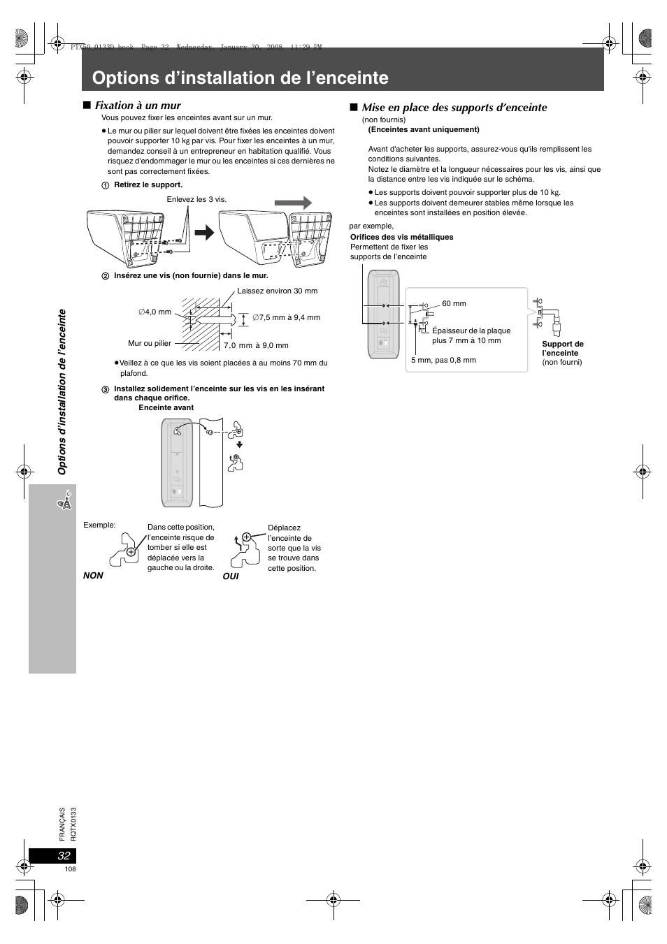 Options d’installation de l’enceinte | Panasonic SCPTX50 User Manual | Page 108 / 116