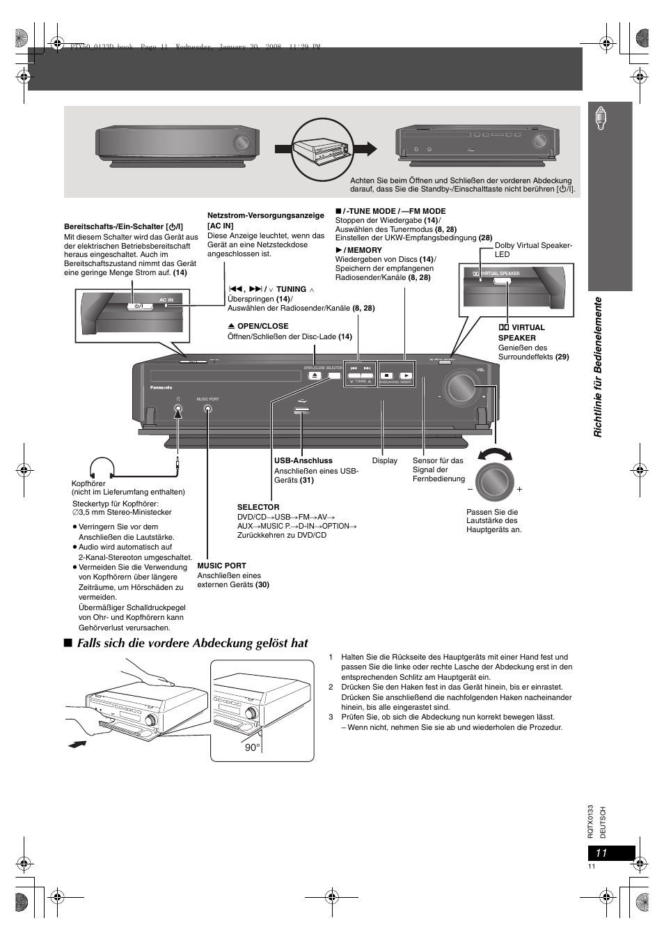 Falls sich die vordere abdeckung gelöst hat, Ric h tlini e für b e dien ele m en te | Panasonic SCPTX50 User Manual | Page 11 / 116