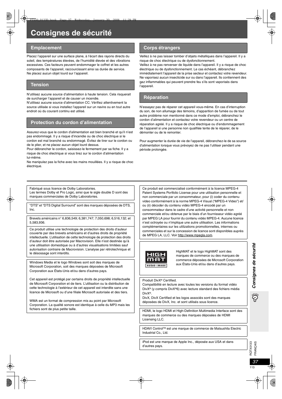 Consignes de sécurité | Panasonic SCPTX50 User Manual | Page 113 / 116
