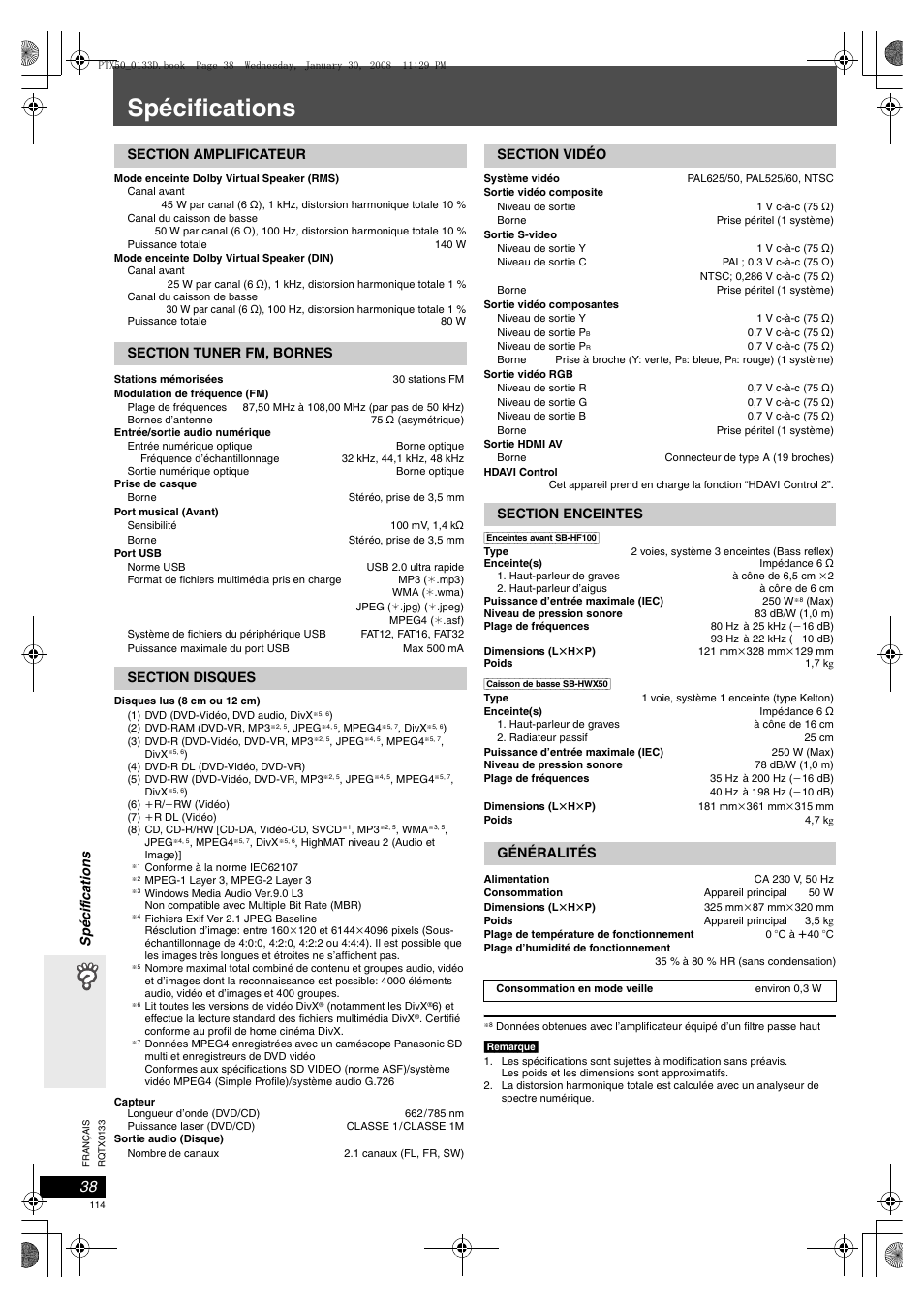 Spécifications, Sp éci fica tions | Panasonic SCPTX50 User Manual | Page 114 / 116