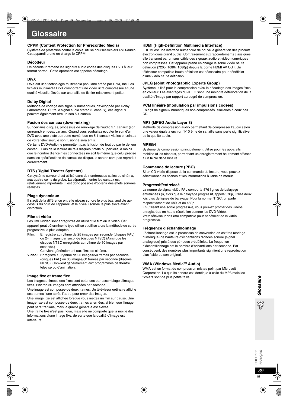 Glossaire, Glossaire) | Panasonic SCPTX50 User Manual | Page 115 / 116