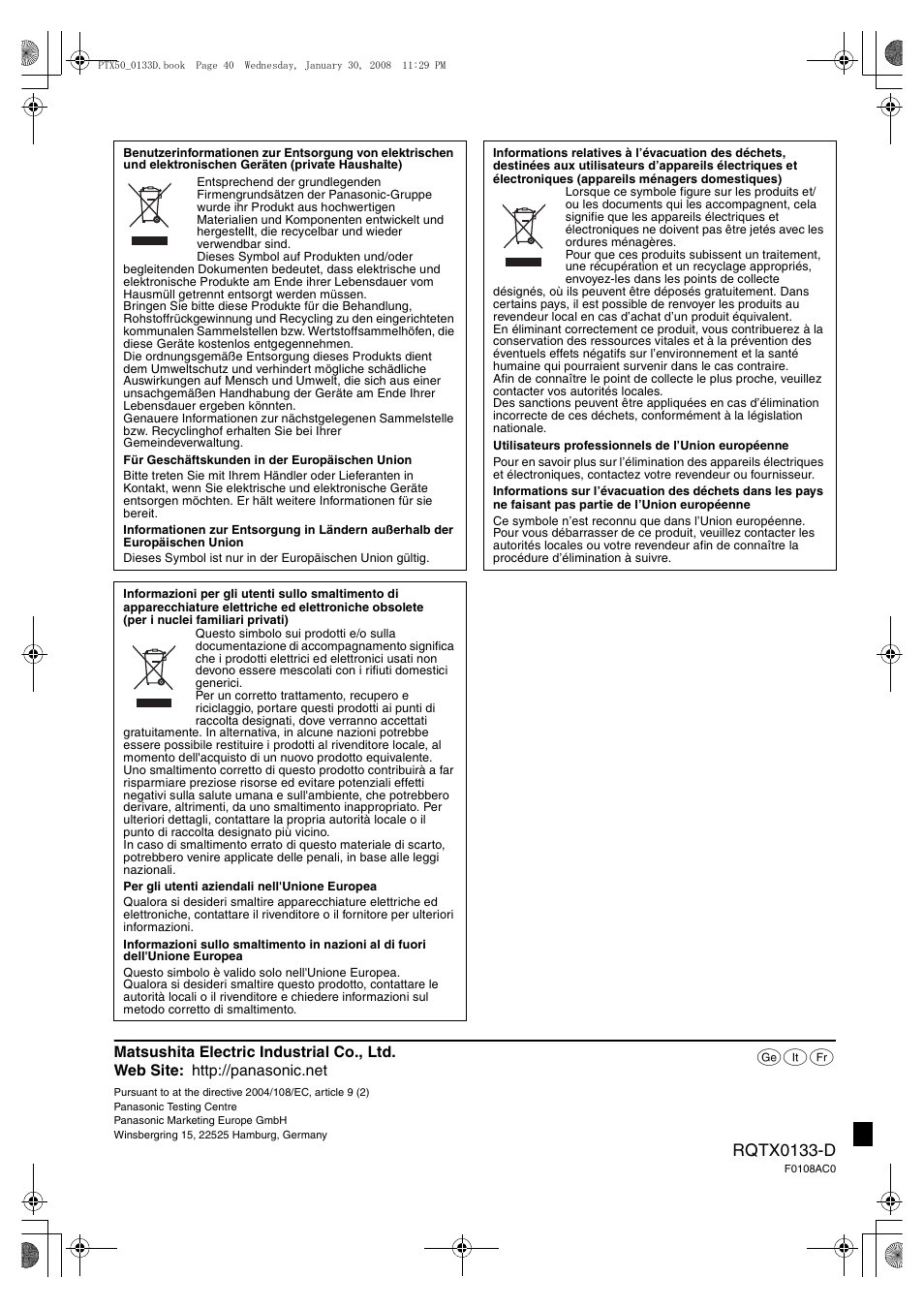 Rqtx0133-d | Panasonic SCPTX50 User Manual | Page 116 / 116