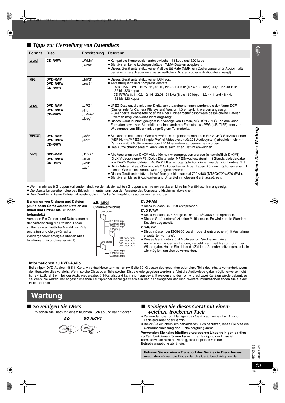 Wartung, Seite 13, tipps zur herstellung von datendiscs), Tipps zur herstellung von datendiscs | So reinigen sie discs | Panasonic SCPTX50 User Manual | Page 13 / 116