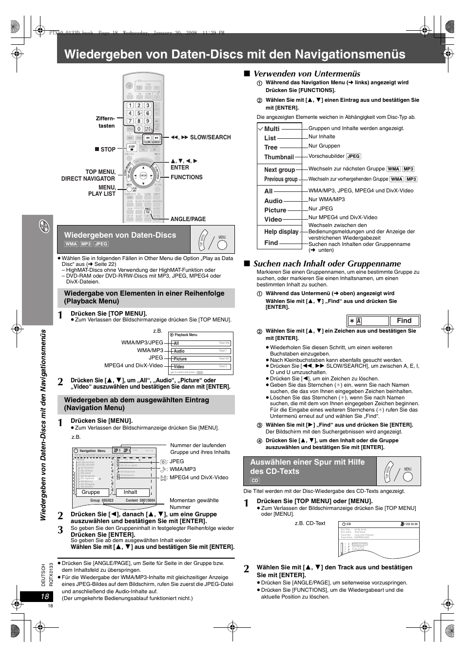 Wiedergeben von daten-discs, 18 auswählen einer spur mit hilfe des cd-texts, Verwenden von untermenüs | Suchen nach inhalt oder gruppenname, Auswählen einer spur mit hilfe des cd-texts | Panasonic SCPTX50 User Manual | Page 18 / 116